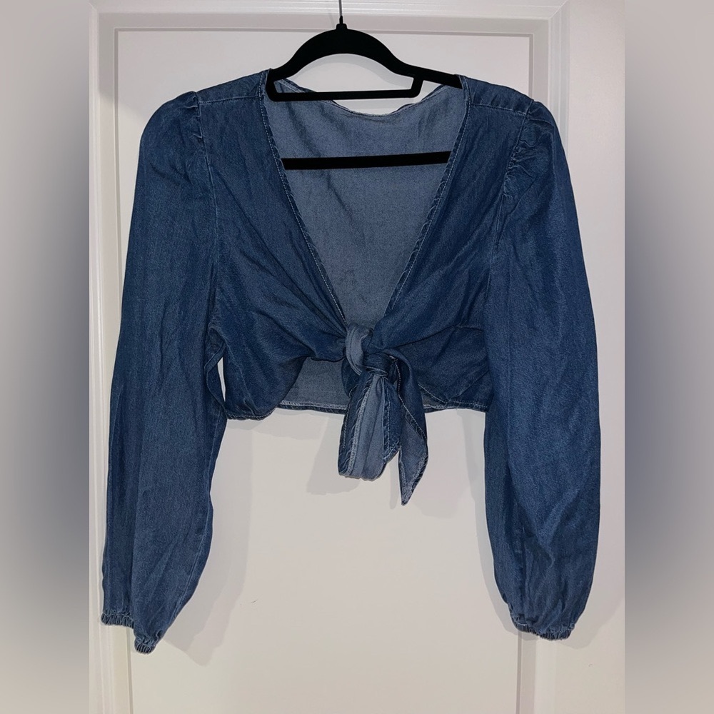 Cropped denim tie front top